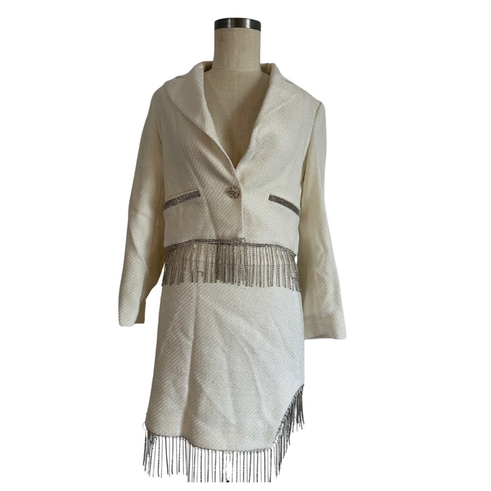 Karen Millen tweed boucle style Cream Jacket with Fringe Detail - size 6